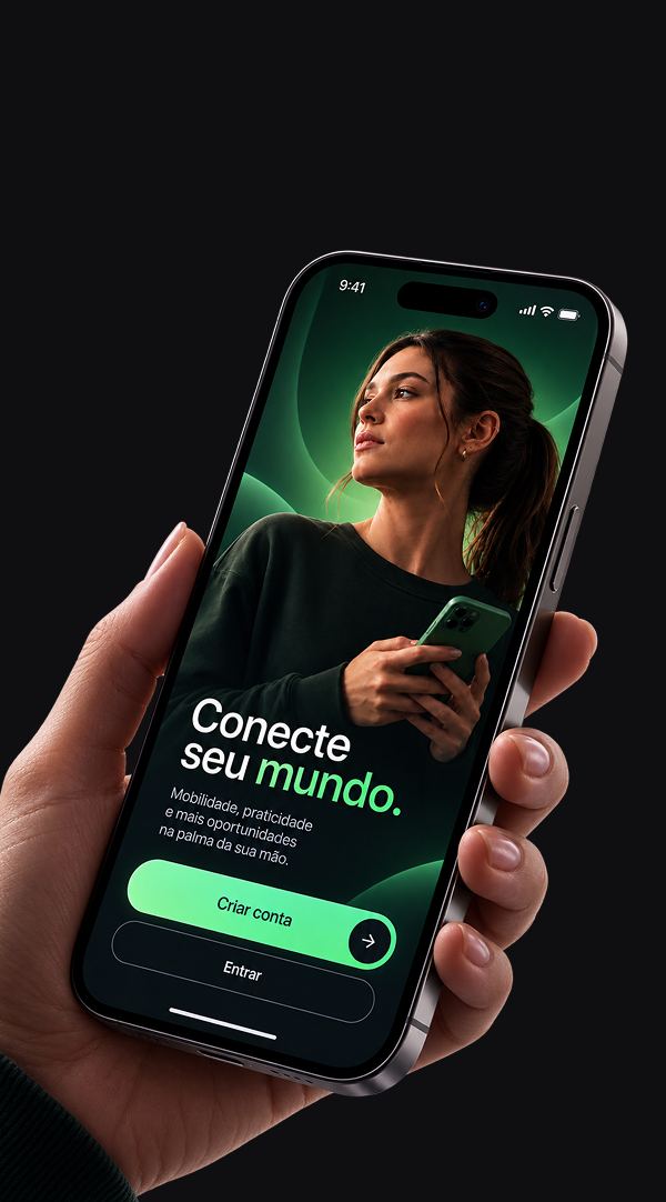 App mobile com tela de onboarding verde em mão