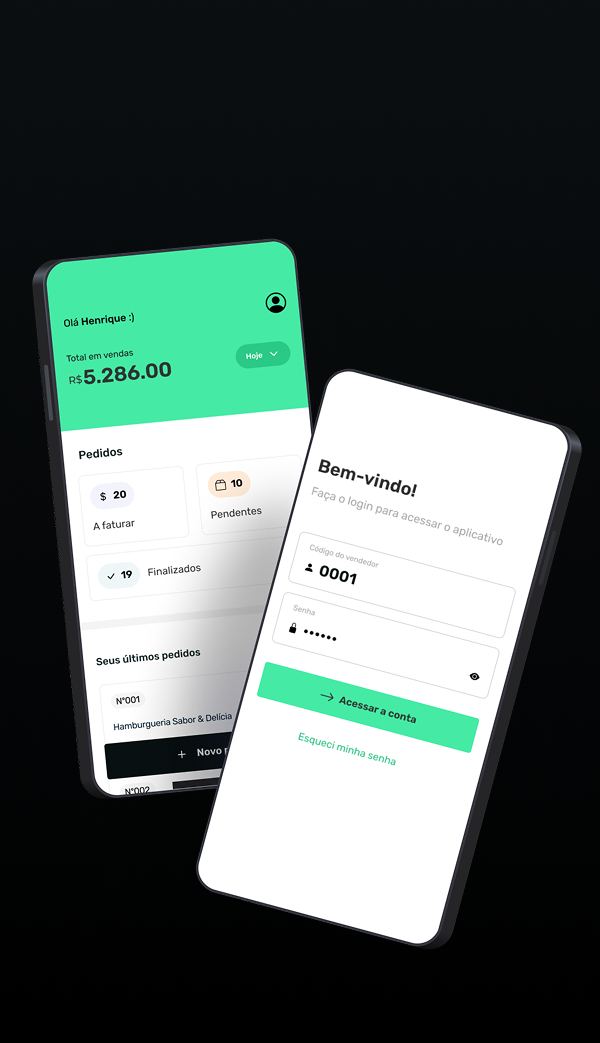 Telas de app de pedidos e login para vendedores