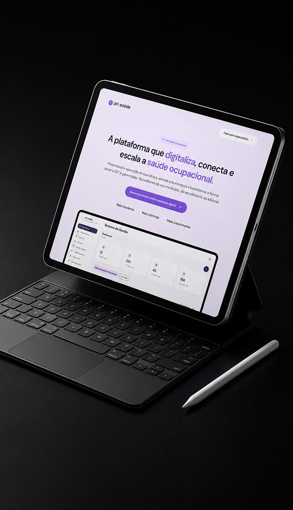 Tablet com a plataforma Pri Saúde de saúde ocupacional